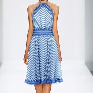 Tadashi Shoji Plus Size 100% Silk Blue and White A-Line Midi Dress